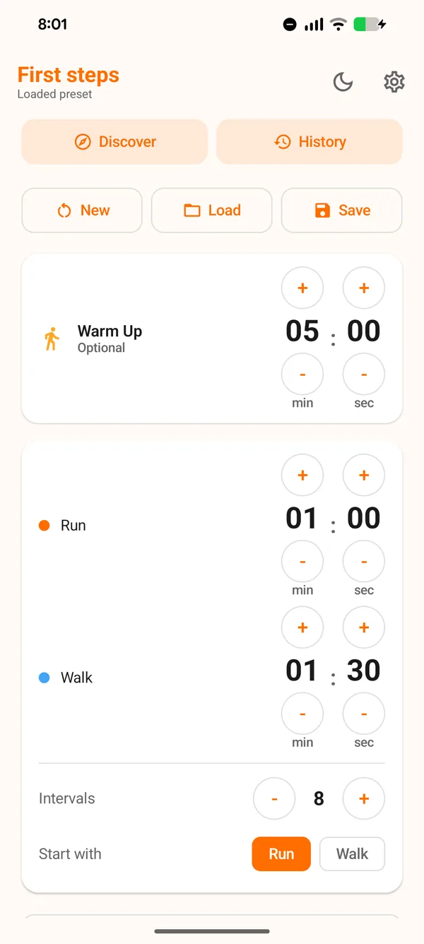 The setup screen with an optional warm-up, run and walk times, and a count of intervals.