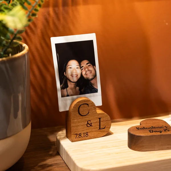 Personalized wooden heart photo holder.